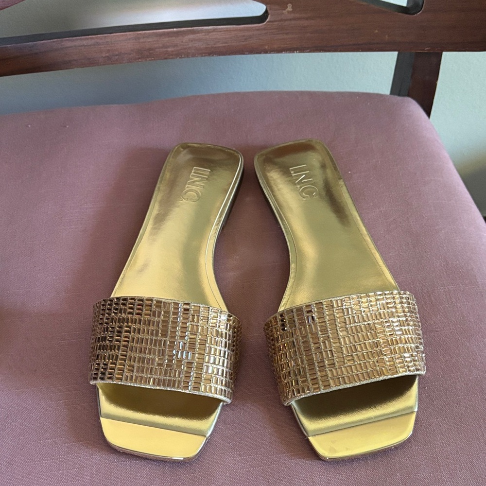 INC International Concepts Metallic Gold Slide Sandals